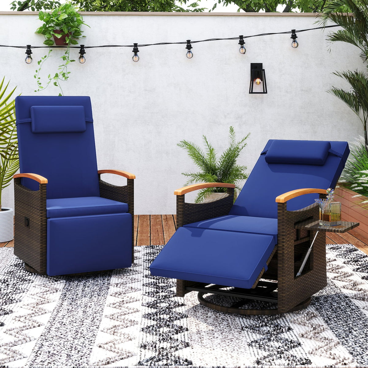 Set of 2 Patio Rattan 360° Swivel Recliner Chair with Adjustable Backrest and Footrest-Navy view 2