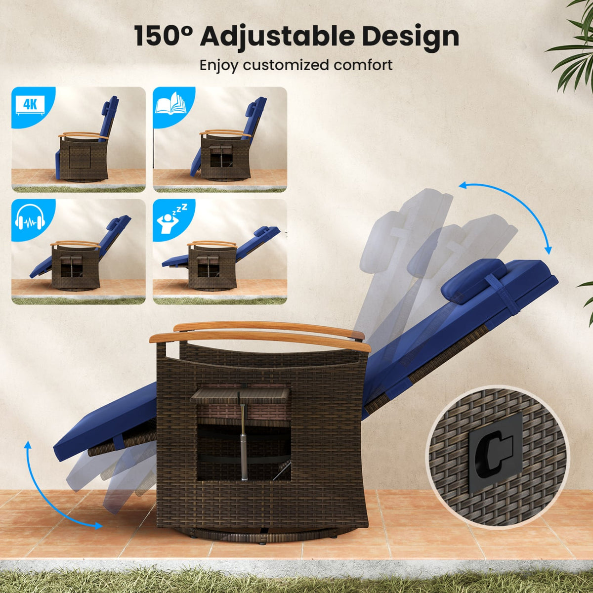 Set of 2 Patio Rattan 360° Swivel Recliner Chair with Adjustable Backrest and Footrest-Navy view 5