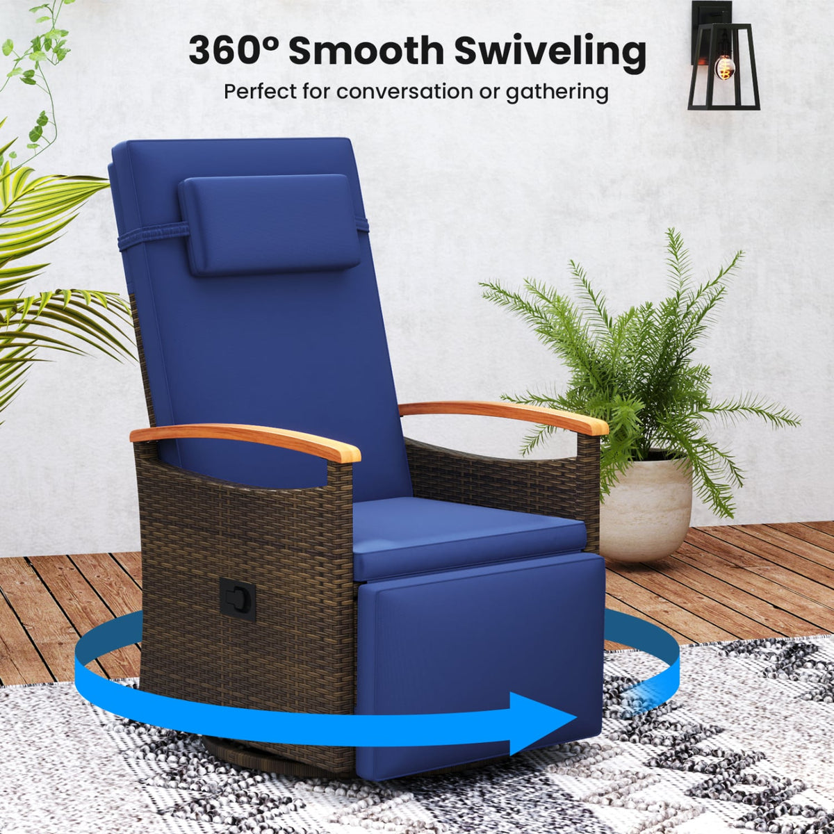 Set of 2 Patio Rattan 360° Swivel Recliner Chair with Adjustable Backrest and Footrest-Navy view 6