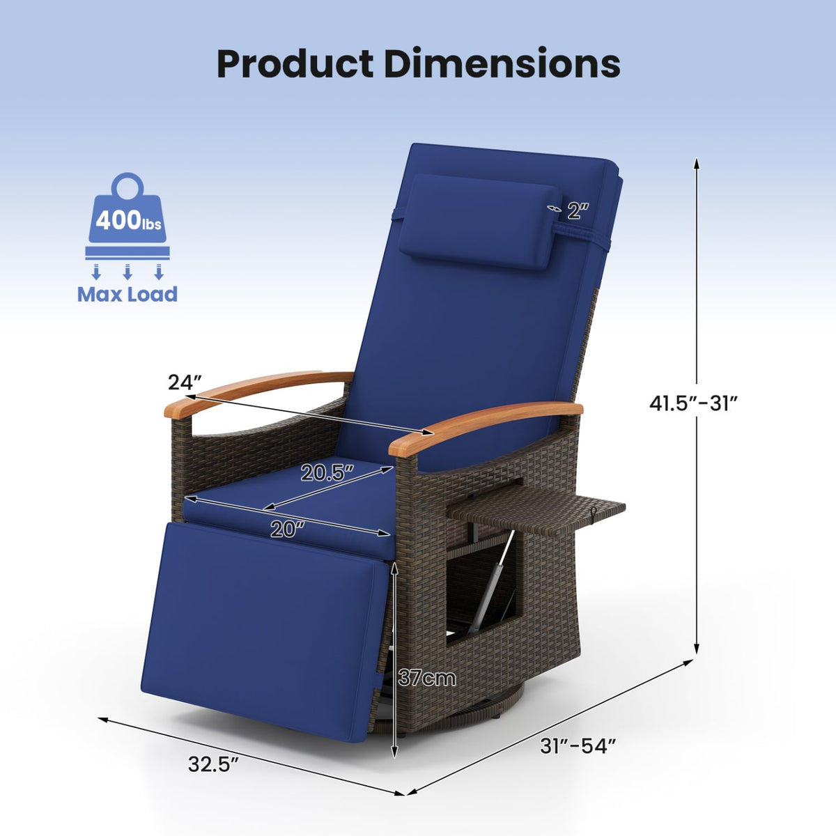 Set of 2 Patio Rattan 360° Swivel Recliner Chair with Adjustable Backrest and Footrest-Navy view 4