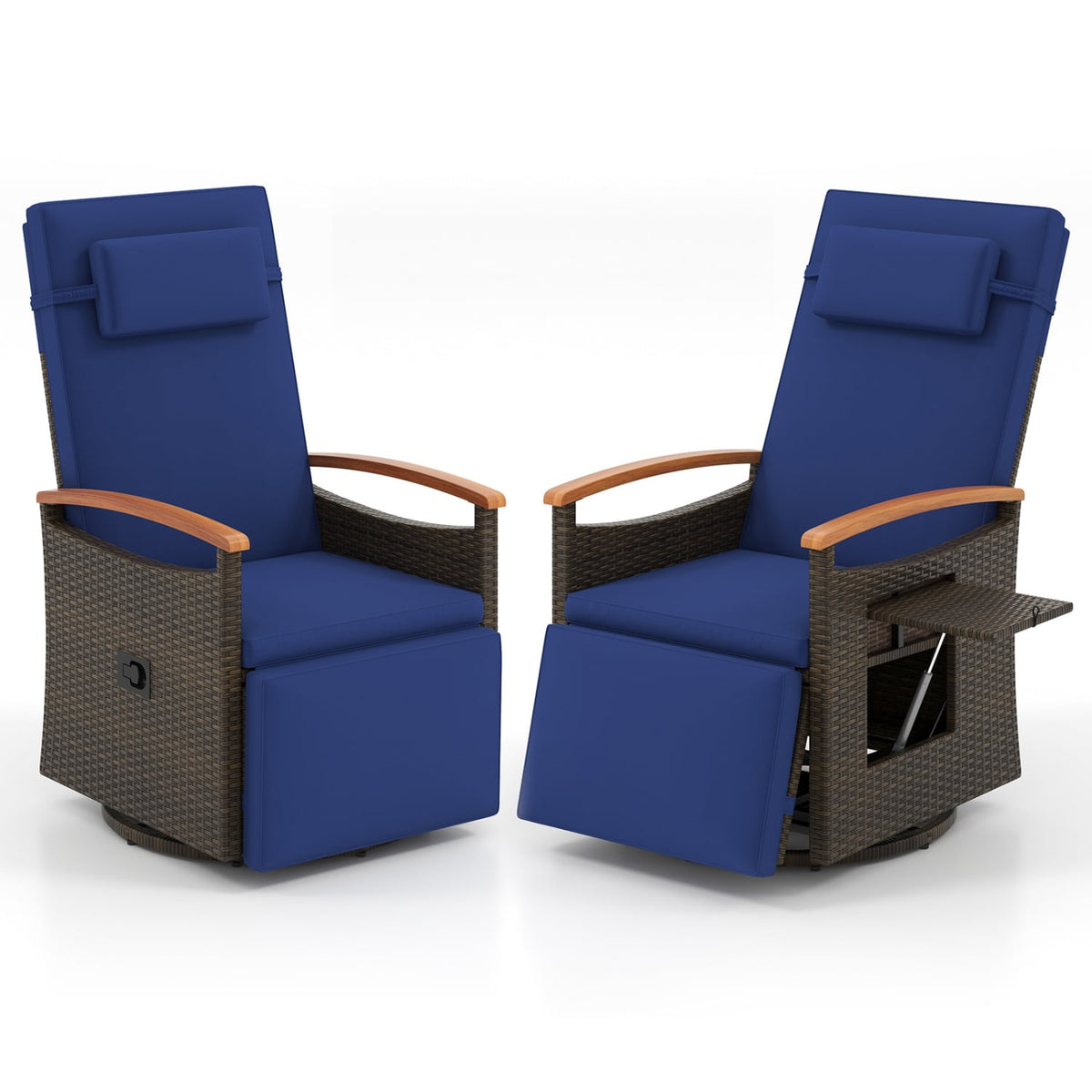 Set of 2 Patio Rattan 360° Swivel Recliner Chair with Adjustable Backrest and Footrest-Navy