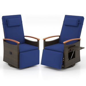 Set of 2 Patio Rattan 360° Swivel Recliner Chair with Adjustable Backrest and Footrest-Navy