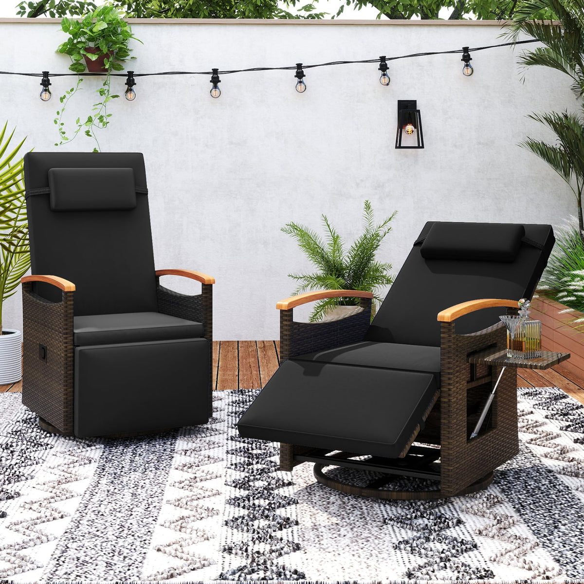 Set of 2 Patio Rattan 360° Swivel Recliner Chair with Adjustable Backrest and Footrest-Black view 2