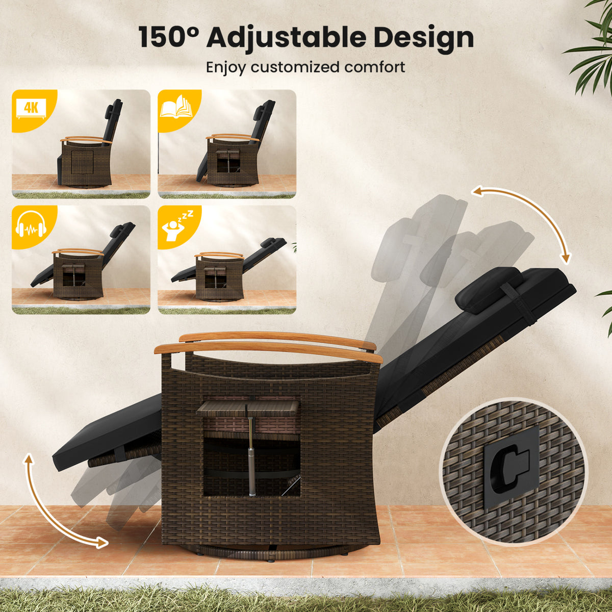 Set of 2 Patio Rattan 360° Swivel Recliner Chair with Adjustable Backrest and Footrest-Black view 5
