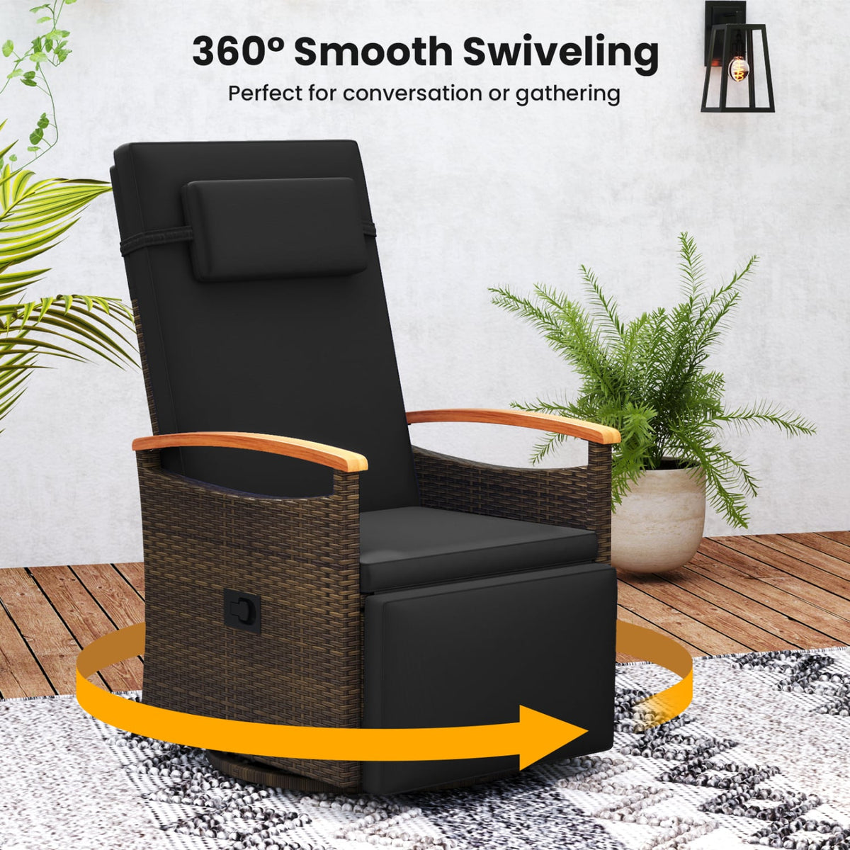 Set of 2 Patio Rattan 360° Swivel Recliner Chair with Adjustable Backrest and Footrest-Black view 6