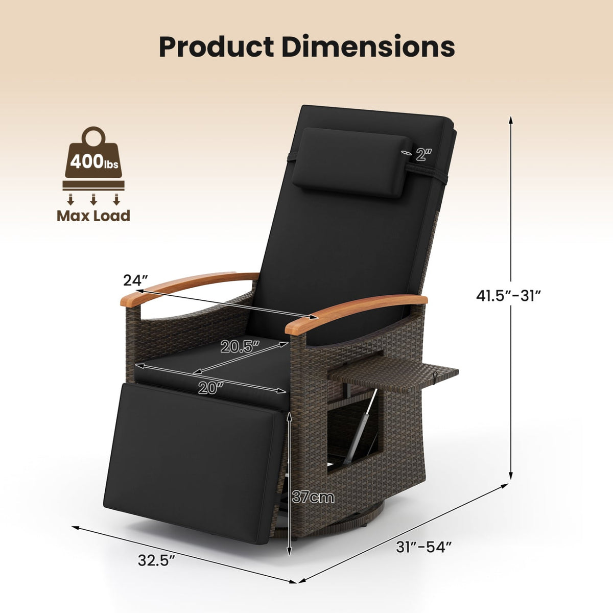 Set of 2 Patio Rattan 360° Swivel Recliner Chair with Adjustable Backrest and Footrest-Black view 4