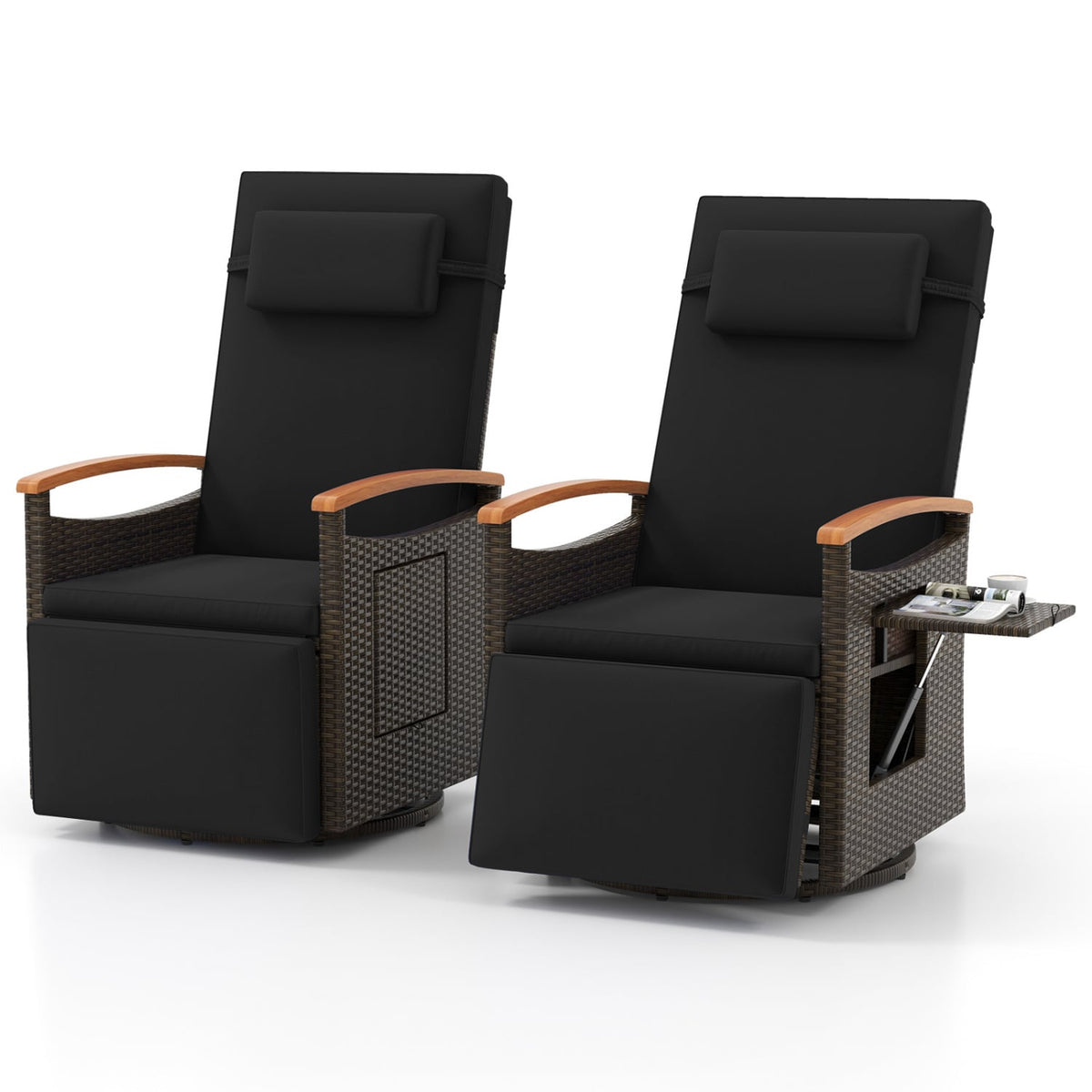 Set of 2 Patio Rattan 360° Swivel Recliner Chair with Adjustable Backrest and Footrest-Black