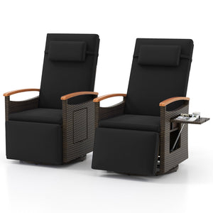 Set of 2 Patio Rattan 360° Swivel Recliner Chair with Adjustable Backrest and Footrest-Black