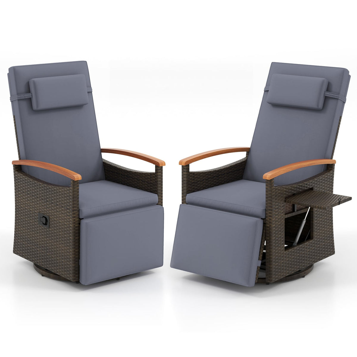 Set of 2 Patio Rattan 360° Swivel Recliner Chair with Adjustable Backrest and Footrest-Dark Gray