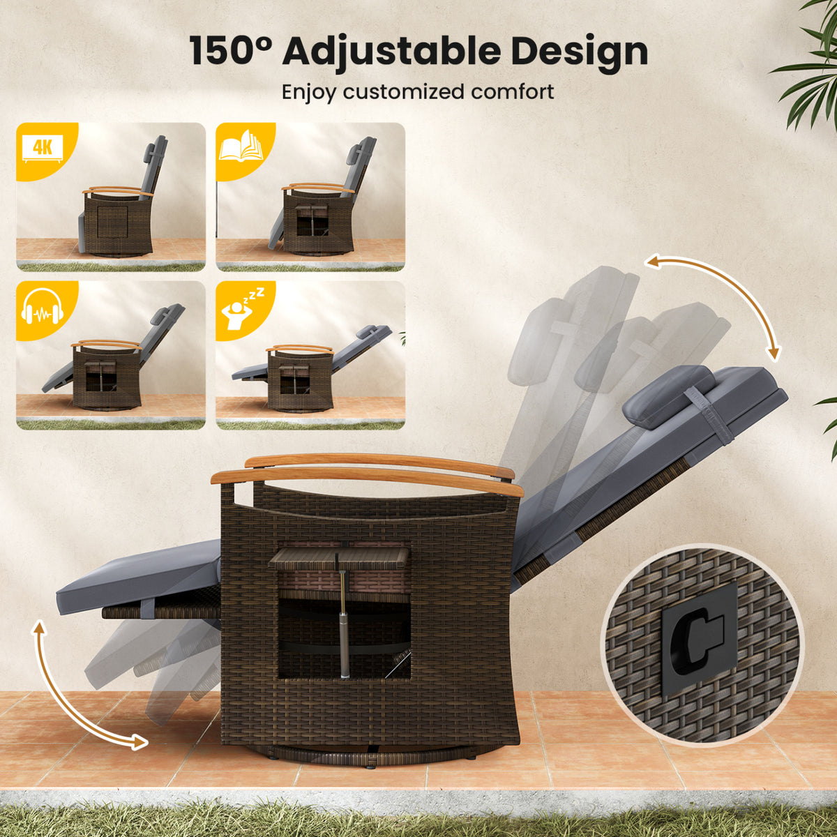 Set of 2 Patio Rattan 360° Swivel Recliner Chair with Adjustable Backrest and Footrest-Dark Gray view 8