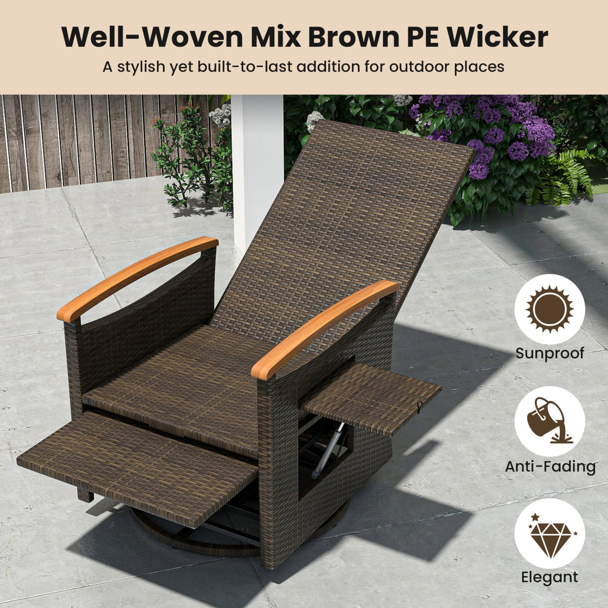 Set of 2 Patio Rattan 360° Swivel Recliner Chair with Adjustable Backrest and Footrest-Dark Gray view 5