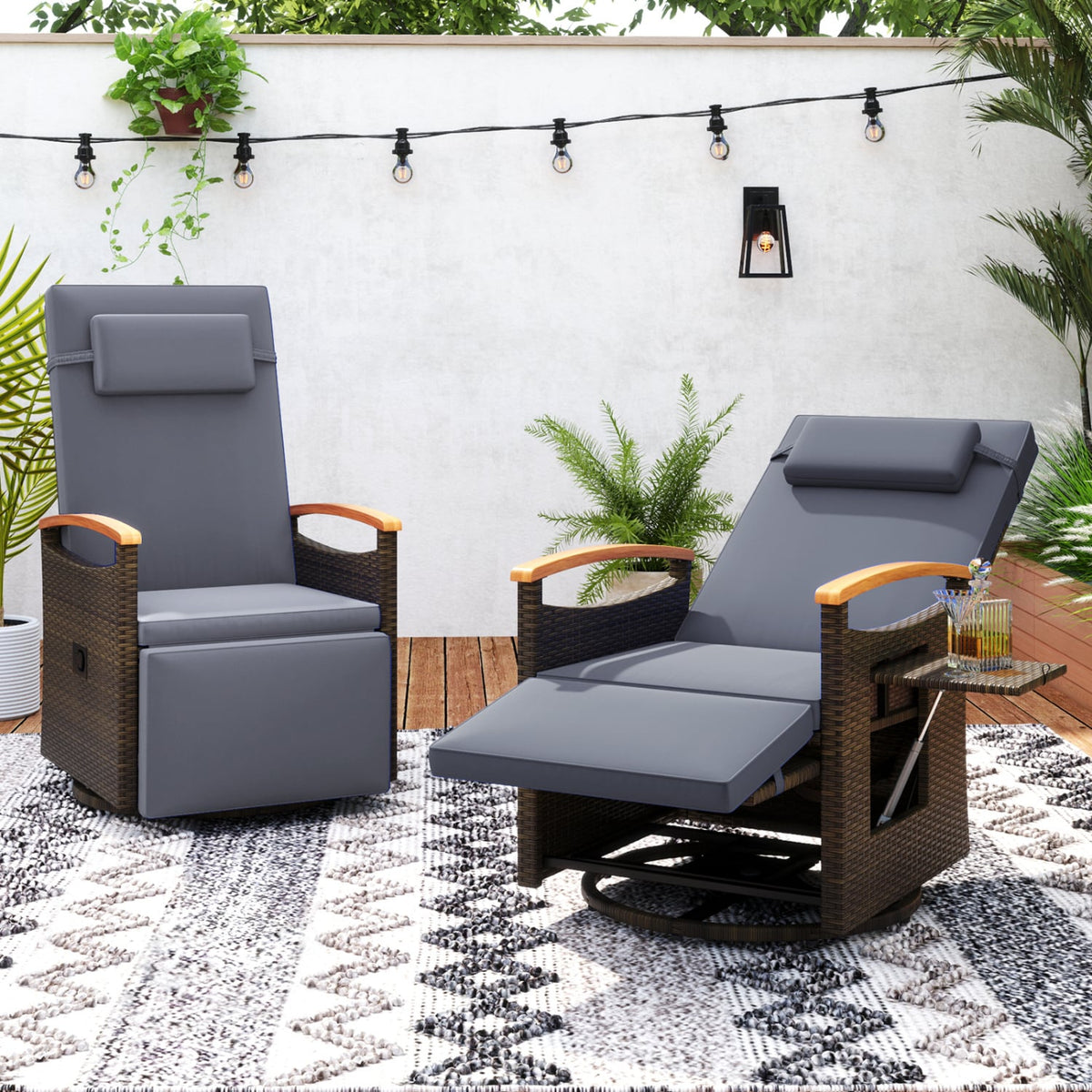 Set of 2 Patio Rattan 360° Swivel Recliner Chair with Adjustable Backrest and Footrest-Dark Gray view 2