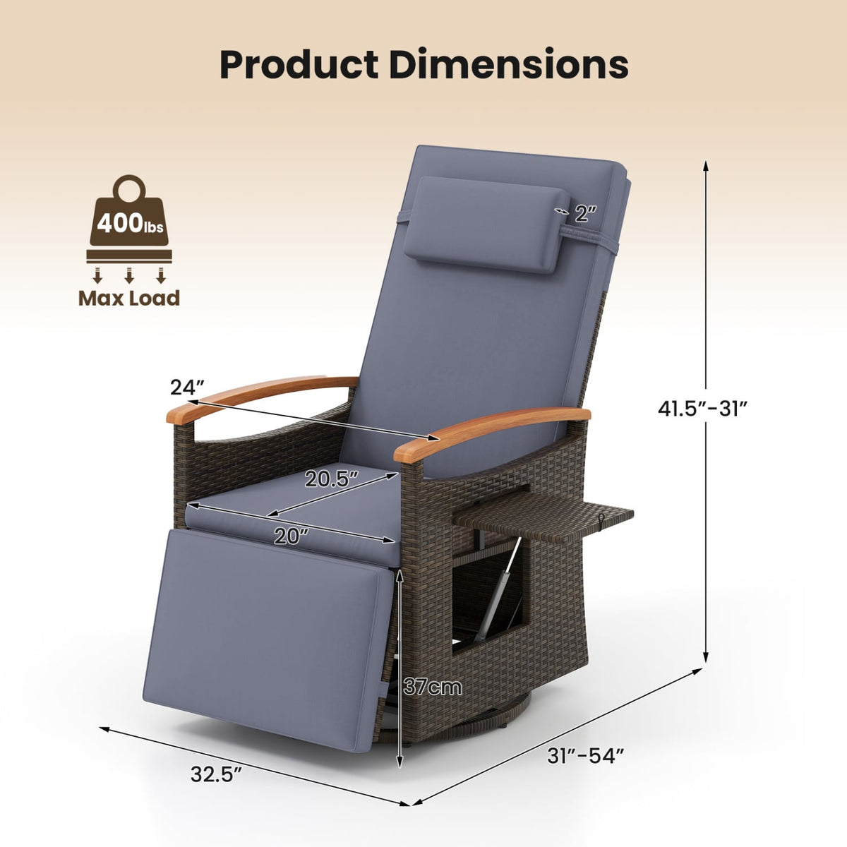 Set of 2 Patio Rattan 360° Swivel Recliner Chair with Adjustable Backrest and Footrest-Dark Gray view 3