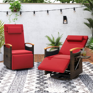 Set of 2 Patio Rattan 360° Swivel Recliner Chair with Adjustable Backrest and Footrest-Red view 2