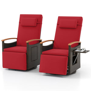 Set of 2 Patio Rattan 360° Swivel Recliner Chair with Adjustable Backrest and Footrest-Red