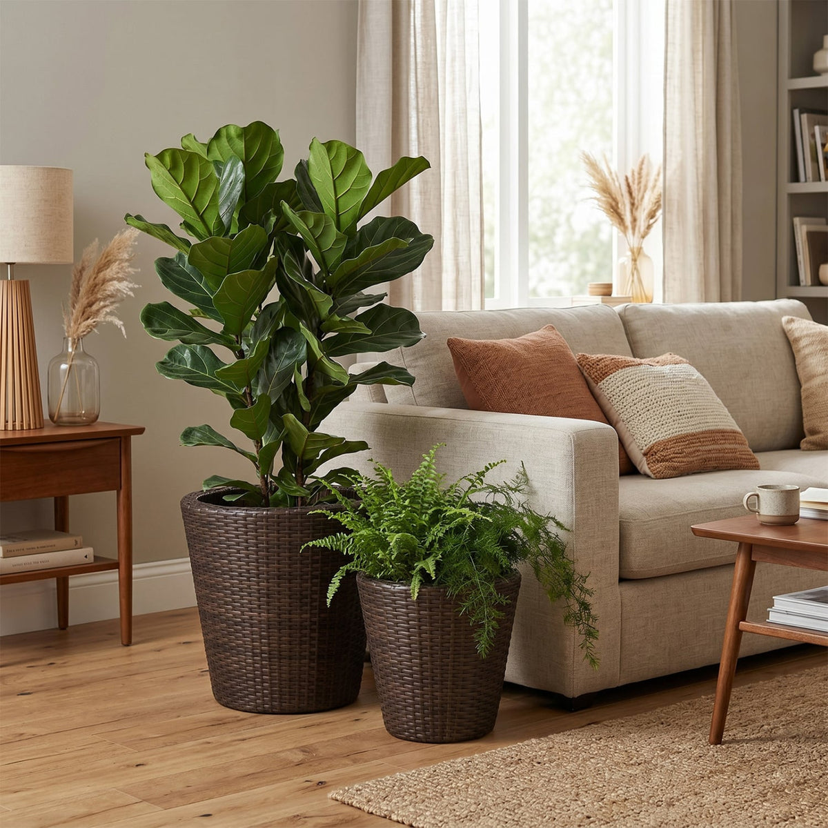 Set of 2 Plastic Taper Rattan Planters with Drainage Holes and Saucers-Brown view 2