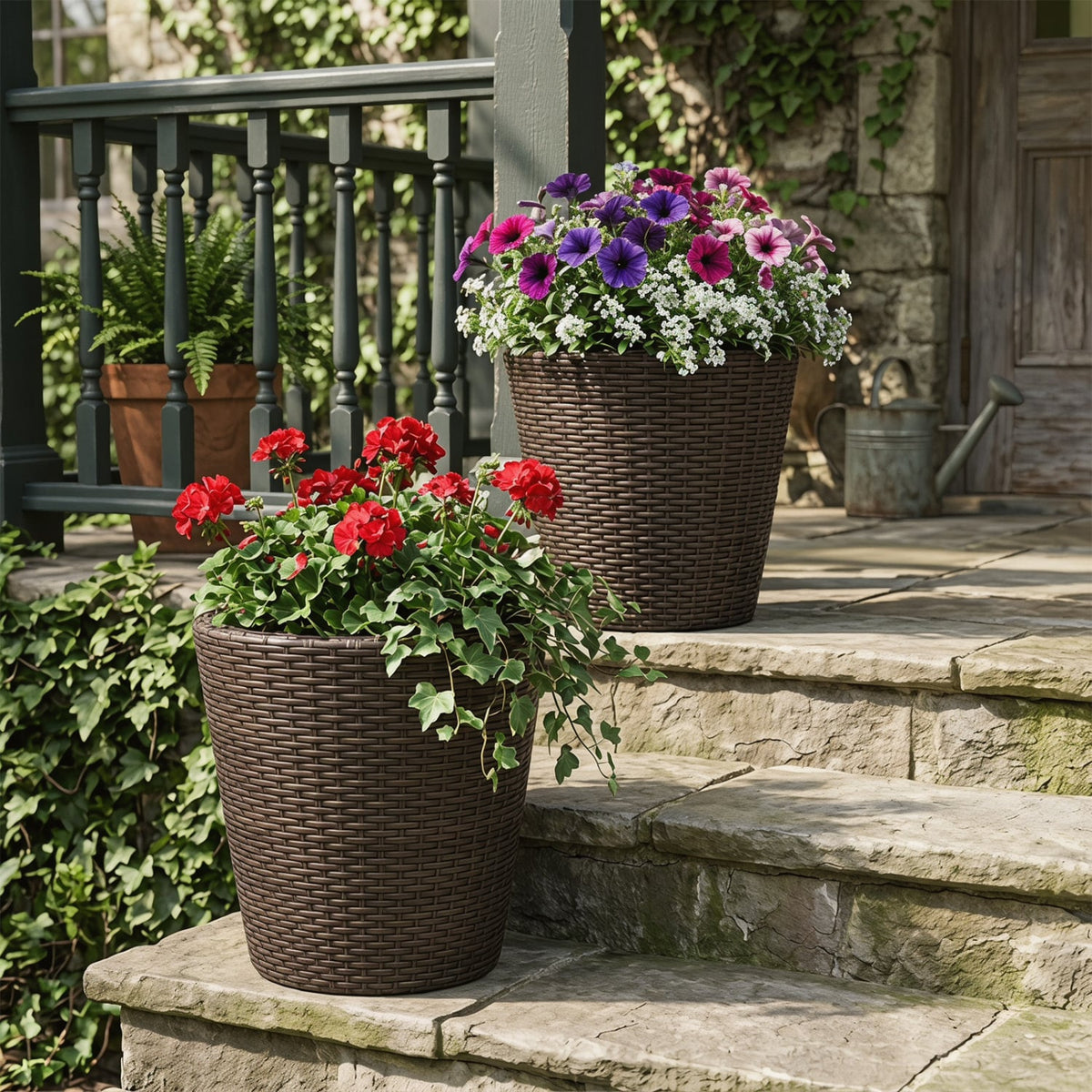 Set of 2 Plastic Taper Rattan Planters with Drainage Holes and Saucers-Brown view 3