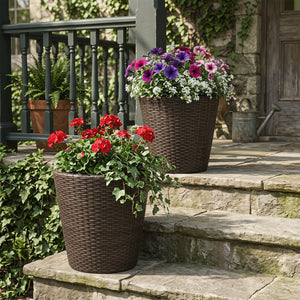 Set of 2 Plastic Taper Rattan Planters with Drainage Holes and Saucers-Brown view 3
