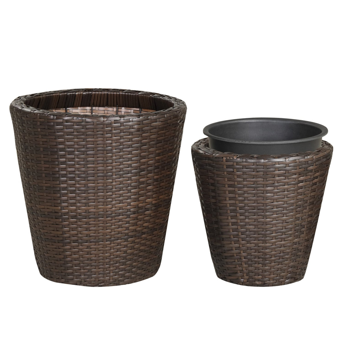 Set of 2 Plastic Taper Rattan Planters with Drainage Holes and Saucers-Brown