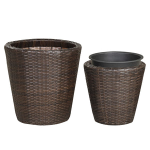 Set of 2 Plastic Taper Rattan Planters with Drainage Holes and Saucers-Brown