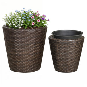 Set of 2 Plastic Taper Rattan Planters with Drainage Holes and Saucers-Brown view 4