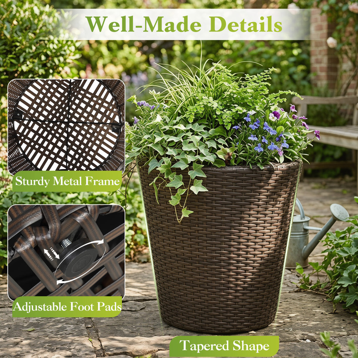 Set of 2 Plastic Taper Rattan Planters with Drainage Holes and Saucers-Brown view 7
