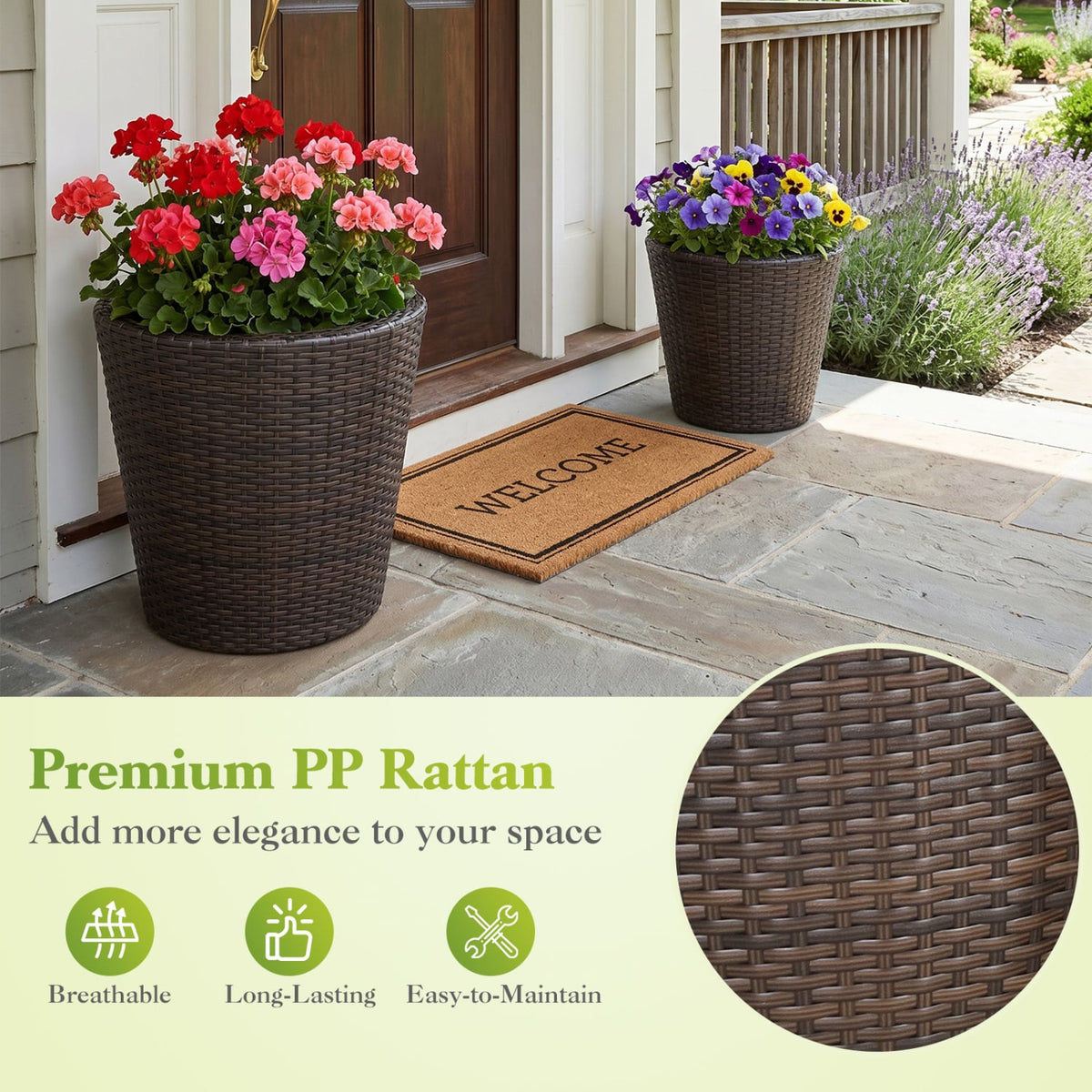 Set of 2 Plastic Taper Rattan Planters with Drainage Holes and Saucers-Brown view 8