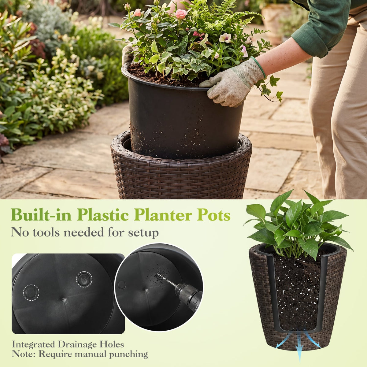Set of 2 Plastic Taper Rattan Planters with Drainage Holes and Saucers-Brown view 9
