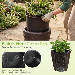 Set of 2 Plastic Taper Rattan Planters with Drainage Holes and Saucers-Brown view 9