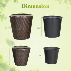 Set of 2 Plastic Taper Rattan Planters with Drainage Holes and Saucers-Brown view 5