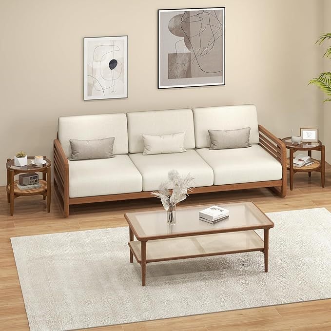 Set of 2 Rattan Round Side End Table with Tempered Glass Tabletop-Walnut view 2