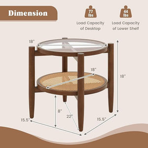 Set of 2 Rattan Round Side End Table with Tempered Glass Tabletop-Walnut view 4