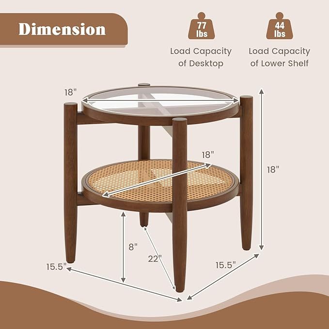 Set of 2 Rattan Round Side End Table with Tempered Glass Tabletop-Walnut view 4