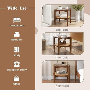 Set of 2 Rattan Round Side End Table with Tempered Glass Tabletop-Walnut view 5