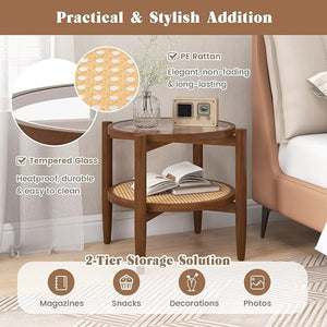 Set of 2 Rattan Round Side End Table with Tempered Glass Tabletop-Walnut view 6