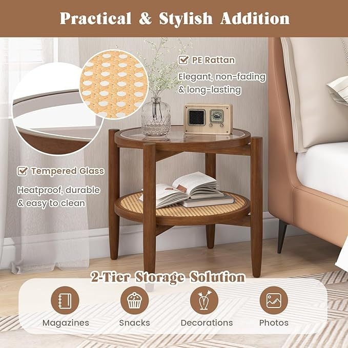 Set of 2 Rattan Round Side End Table with Tempered Glass Tabletop-Walnut view 6