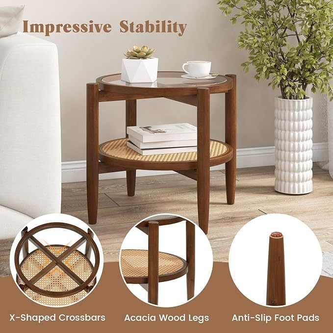 Set of 2 Rattan Round Side End Table with Tempered Glass Tabletop-Walnut view 7
