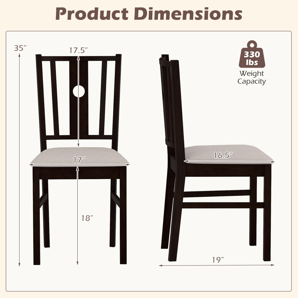 Set of 2 Rubber Wood Kitchen Chairs with Fabric Padded Seat -Coffee view 4