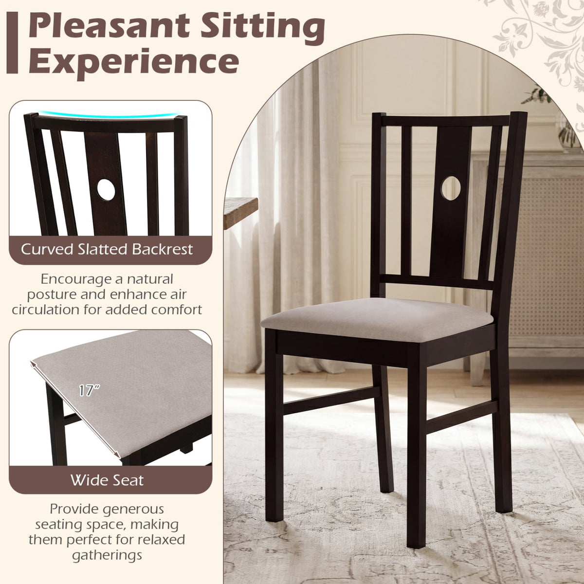 Set of 2 Rubber Wood Kitchen Chairs with Fabric Padded Seat -Coffee view 7