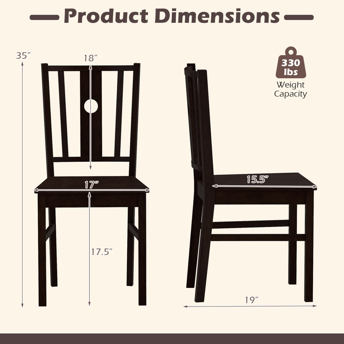 Set of 2 Solid Rubber Wood Kitchen Chairs with Slatted Curved Backrest-Coffee view 4