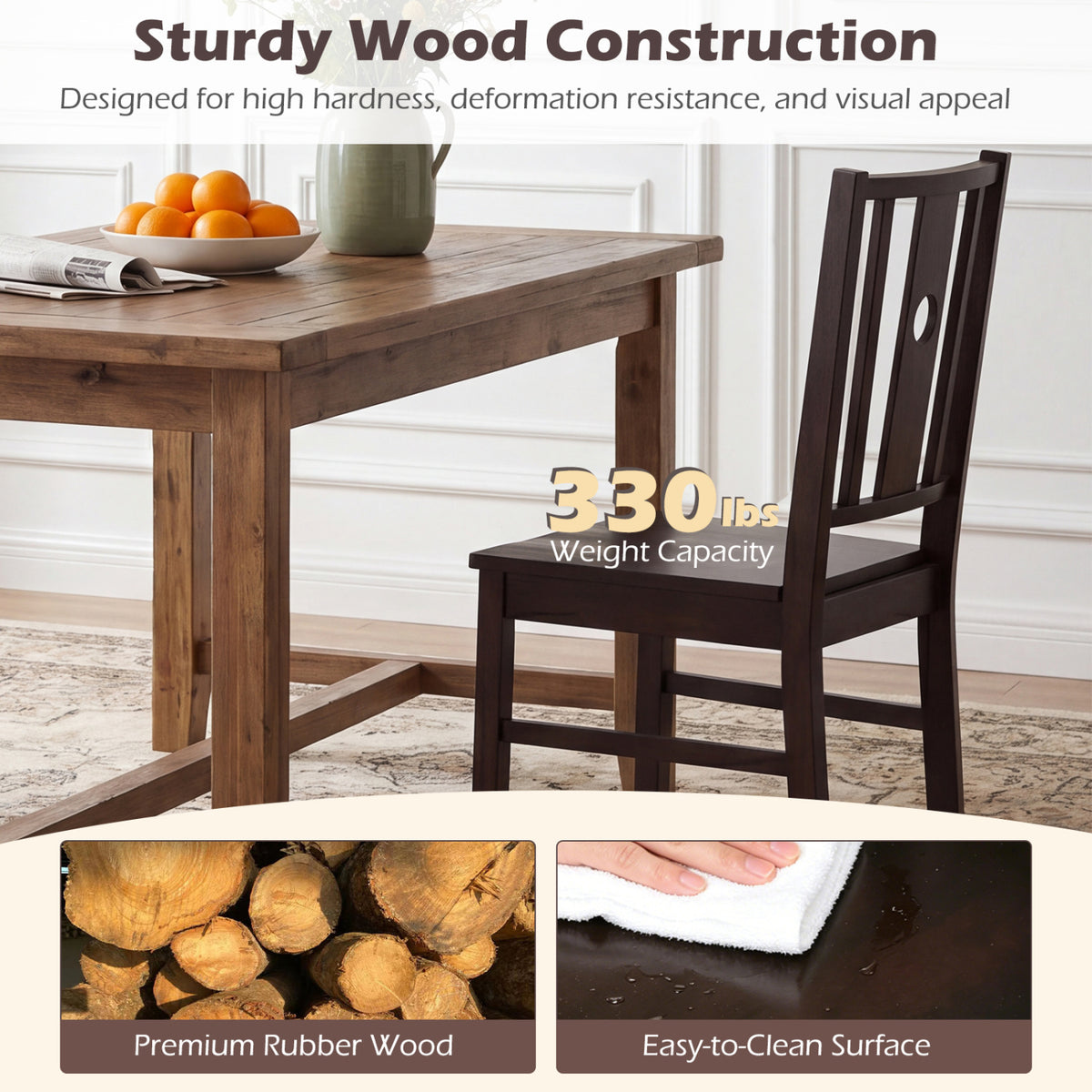 Set of 2 Solid Rubber Wood Kitchen Chairs with Slatted Curved Backrest-Coffee view 5
