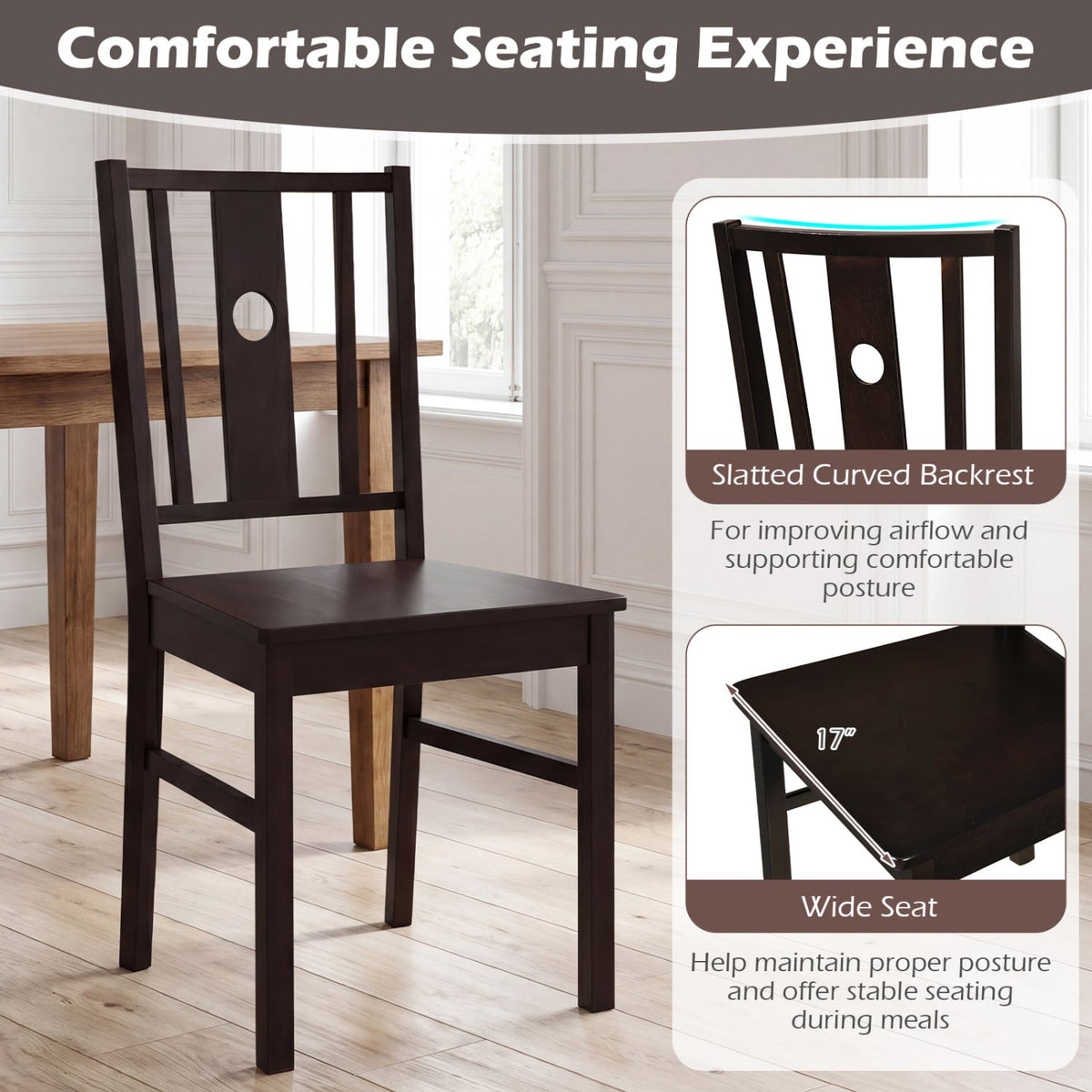Set of 2 Solid Rubber Wood Kitchen Chairs with Slatted Curved Backrest-Coffee view 6