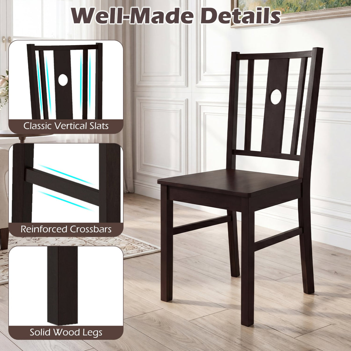 Set of 2 Solid Rubber Wood Kitchen Chairs with Slatted Curved Backrest-Coffee view 8