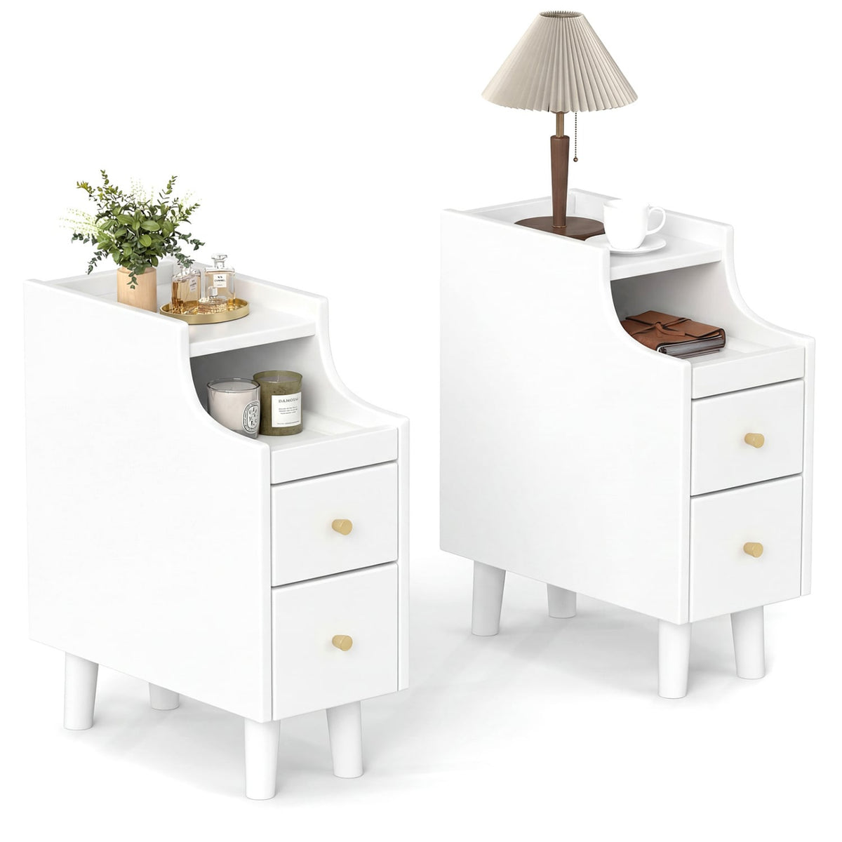 Set of 2 Solid Wood Night Side Table with Pull-out Tray and 2 Storage Drawers-White