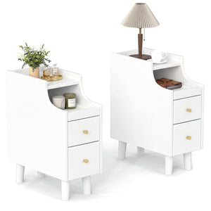 Set of 2 Solid Wood Night Side Table with Pull-out Tray and 2 Storage Drawers-White