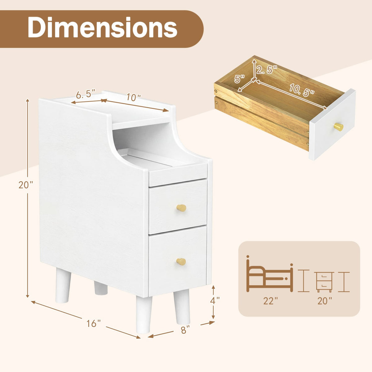 Set of 2 Solid Wood Night Side Table with Pull-out Tray and 2 Storage Drawers-White view 3