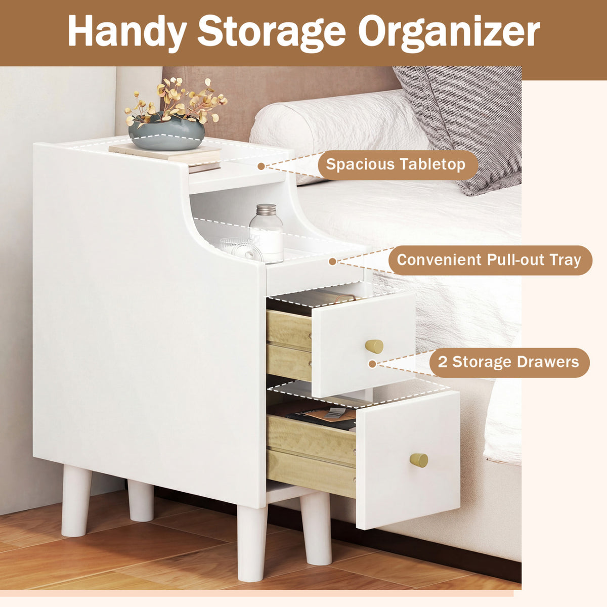 Set of 2 Solid Wood Night Side Table with Pull-out Tray and 2 Storage Drawers-White view 4