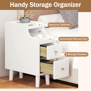 Set of 2 Solid Wood Night Side Table with Pull-out Tray and 2 Storage Drawers-White view 4