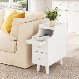 Set of 2 Solid Wood Night Side Table with Pull-out Tray and 2 Storage Drawers-White view 9