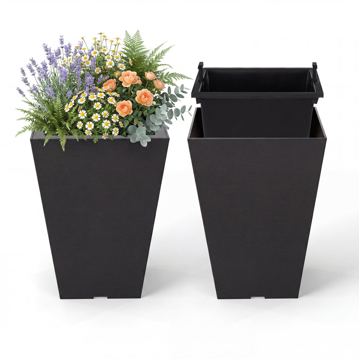 Set of 2 Square Taper Planter with Optional Drainage Hole and Removable Inner Bucket-Black view 4
